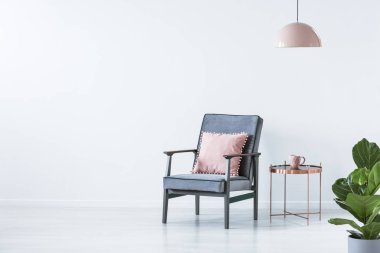 Pastel oturma odası iç kopya alanı ile pembe yastık ile gri bir koltuk yanında bakır tablonun üst lamba