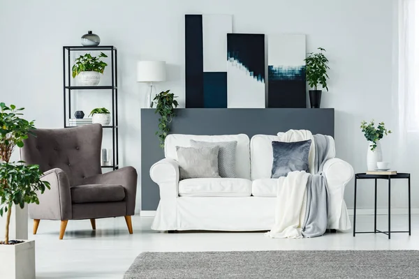 白色客厅的前景色与灰色扶手椅 沙发与枕头和艺术画廊 — 图库照片