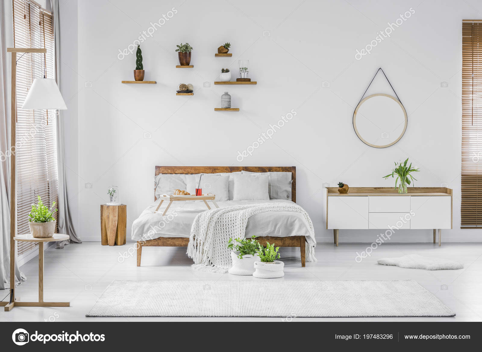 Plants Natural White Bedroom Interior Bed Wooden Stool