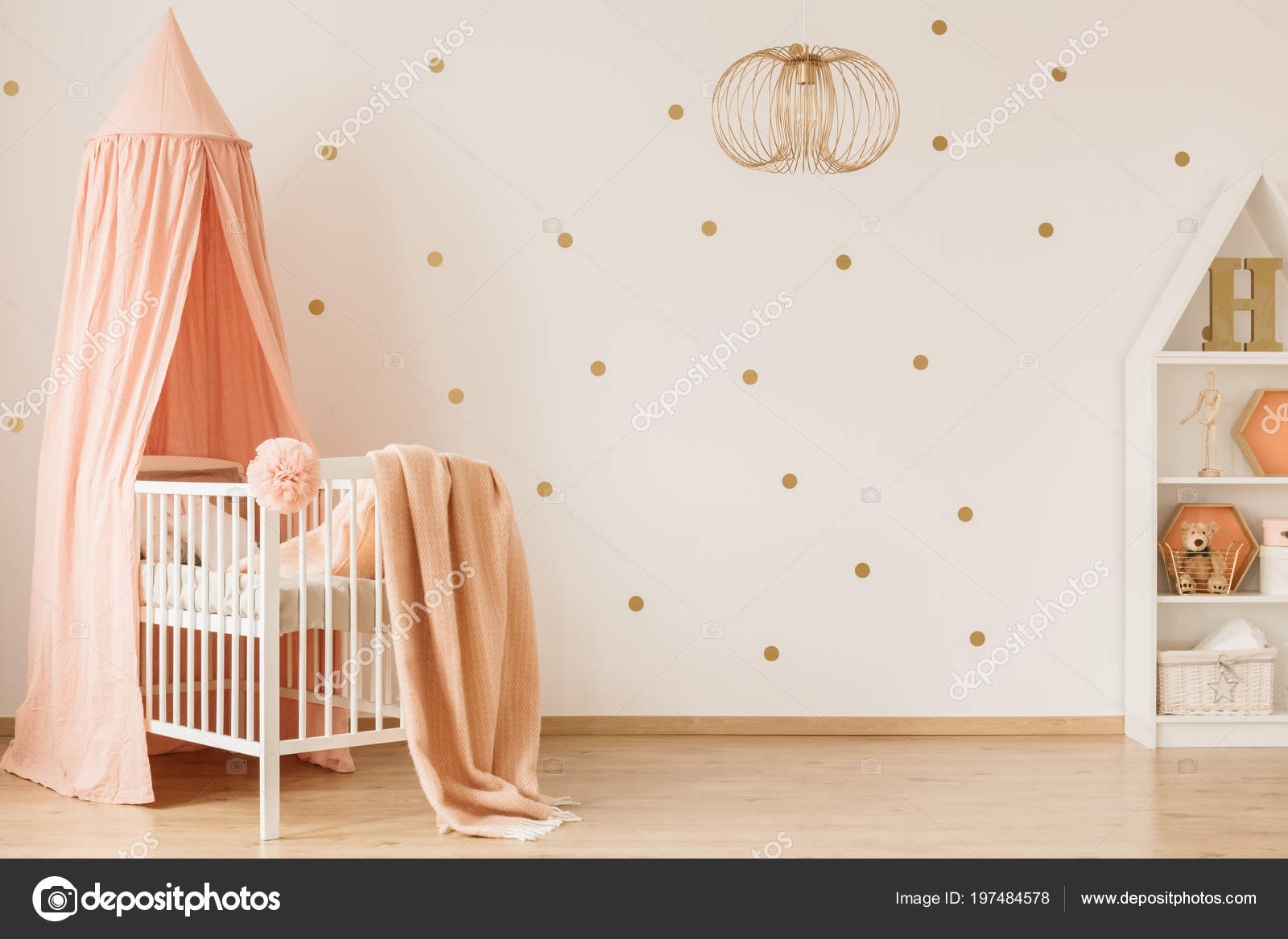 Pmages Gold And Pink Room Decor Bright Baby Girl Room Interior Dotted Wall Pastel Pink Accents Stock Photo C Photographee Eu 197484578