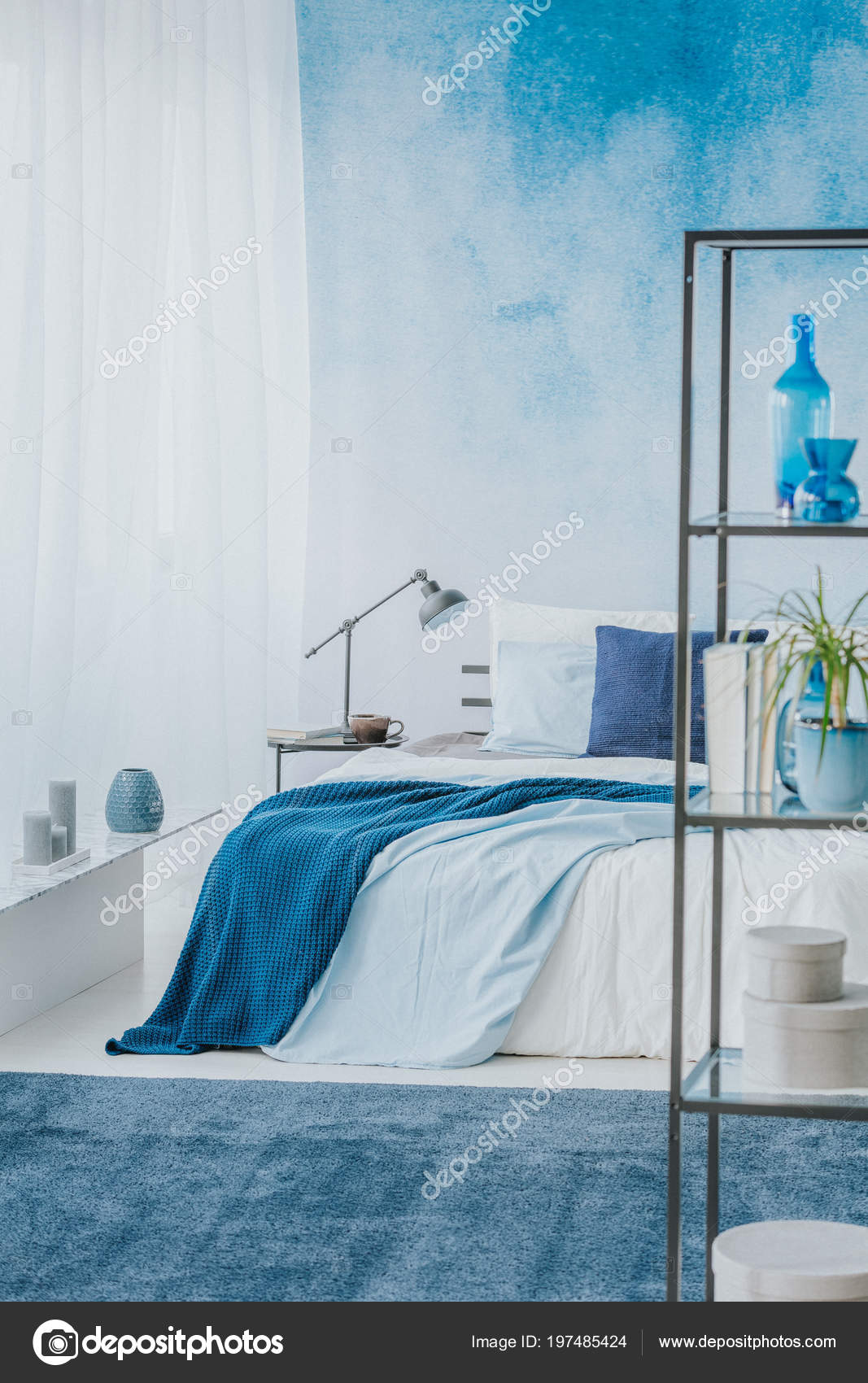 Double Bed Blue Blankets Black Metal Shelf Sky Blue Bedroom