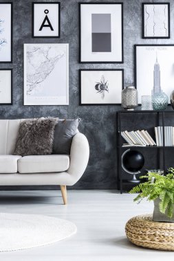 Posterler beton duvar ile kabarık yakınındaki aydınlık oturma odası iç bej kanepe üzerinde bitki