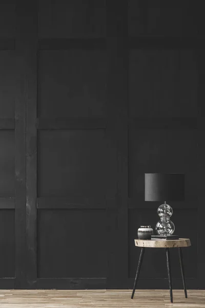 Lampe Sur Table Bois Dans Salon Vide Noir Intérieur Avec — Photo