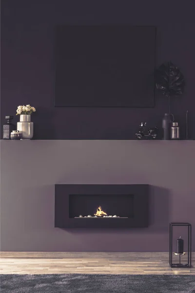 Fireplace Dark Living Room Interior Mockup Empty Poster Shelf Flowers — Stock Photo, Image