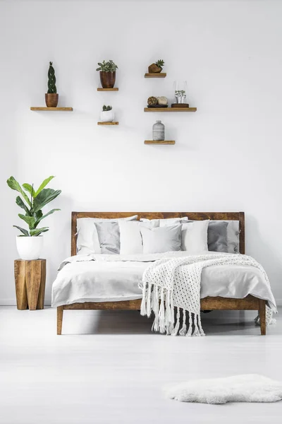 Plant Houten Kruk Daarna Naar Bed Eenvoudige Witte Slaapkamer Interieur — Stockfoto