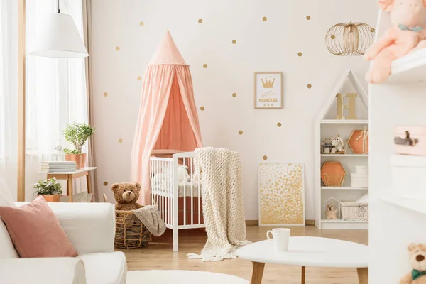 Rosa Baldachin Über Der Wiege Babyschlafzimmer Interieur Mit Goldpostern Und — Stockfoto