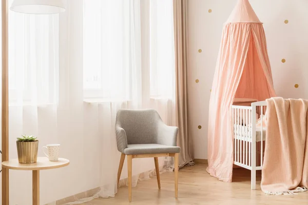 Wooden Crib Dirty Pink Canopy Standing Bright Nursery Room Interior — Stock Photo, Image