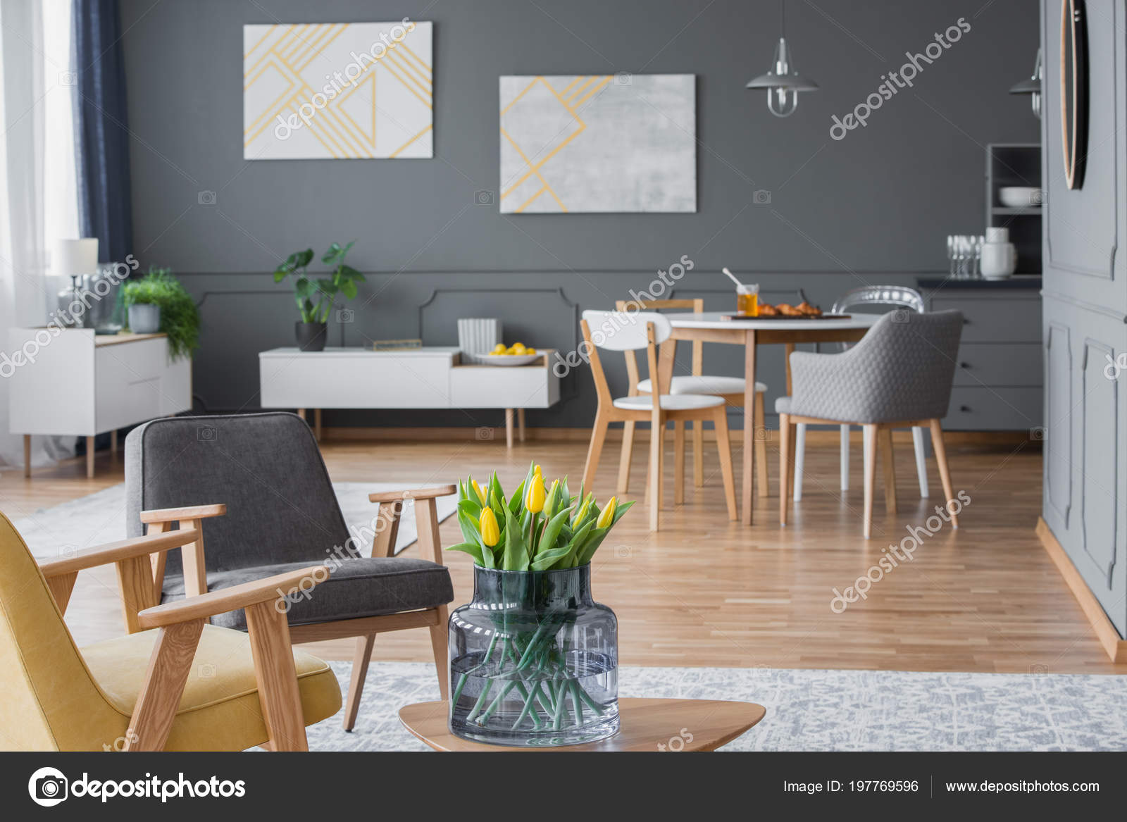 Sitting Area Yellow Tulips Grey Dining Space Interior Background Stock Photo C Photographee Eu 197769596