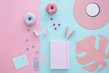 Defter, tırnak cilaları, klipler ve yaprak ve vinil pembe ve mavi zemin üzerine çörek