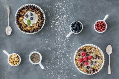 Çiğ gıda diyet - vegan tart ile fındık, tohumlar ve meyveler, bardaklar malzemeler ve Hindistan cevizi ile üstten görünüm