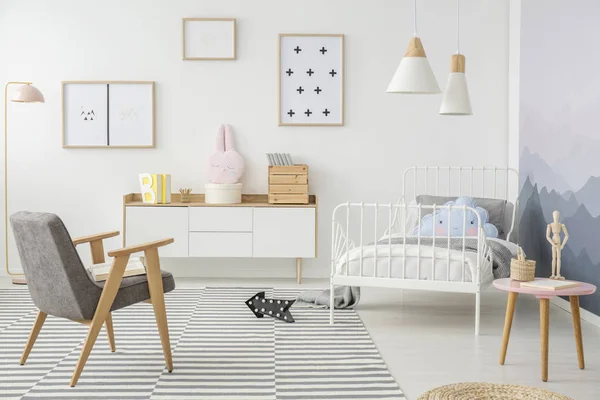 Pink Table Grey Wooden Armchair Girl Bedroom Interior Mockup Empty — Stock Photo, Image