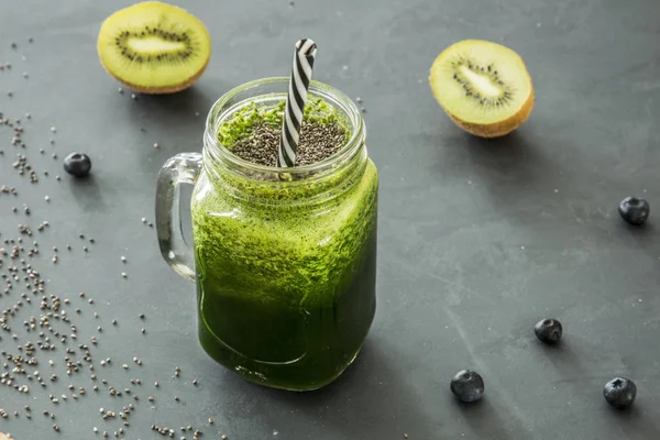 Green Healthy Smoothie Glass Jar Straw Kiwi Blueberries Chia Seeds — Stock Photo, Image