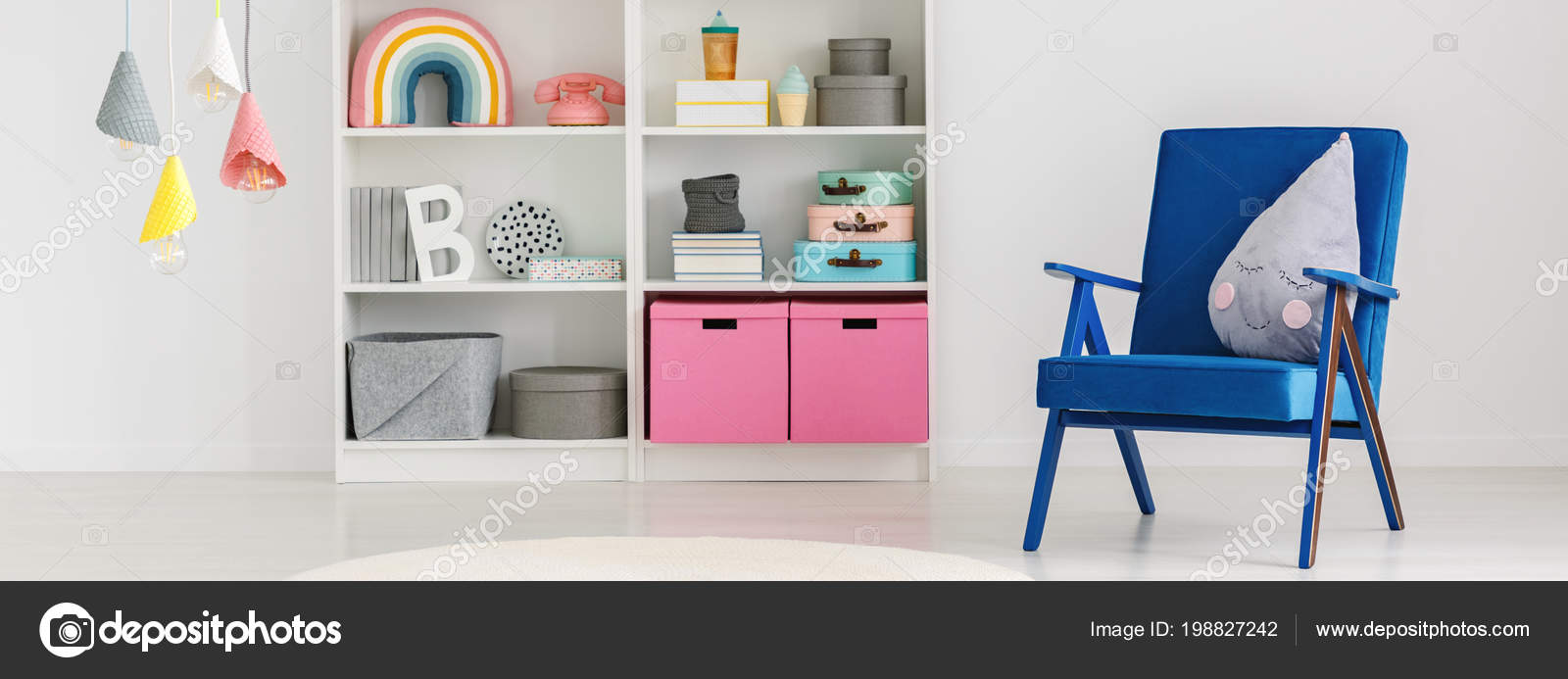 Panorama Cute Pillow Blue Armchair Bookcase Boxes
