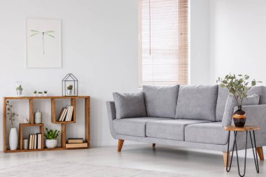 Ahşap masa yanında doğal oturma odası iç posteri ile gri kanepe üzerinde bitki. Gerçek fotoğraf