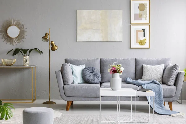 Gold Mirror Shelf Plant Grey Living Room Interior Sofa Flowers — Stock Photo, Image