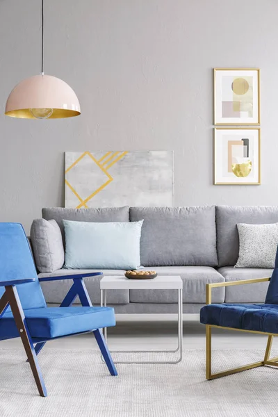 Blue Armchair White Table Grey Sofa Modern Living Room Interior — Stock Photo, Image