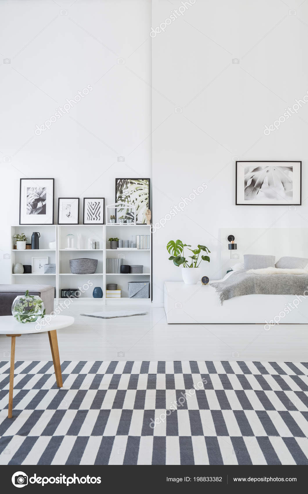 Spacious Gray White Bedroom Interior Striped Rug Bookcases