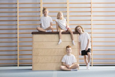 Group of young gymnasts during physical education class at school clipart
