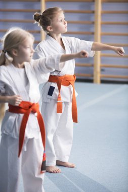 Turuncu kemer giyen, hamle eğitim ve karate dersleri sırasında teknik direktörü yönünde arayan genç kız