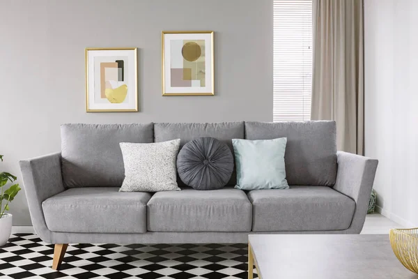 Real Photo Grey Sofa Black White Pillows Living Room Interior — Stock Photo, Image