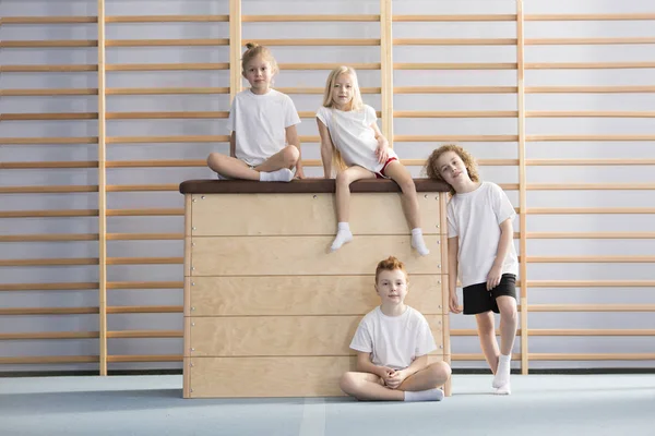 Grupa Młodych Gimnastyczek Podczas Lekcji Wychowania Fizycznego Szkole — Zdjęcie stockowe