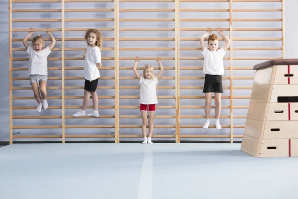 Niños Niñas Jóvenes Activos Escuela Pie Colgados Las Barras Pared — Foto de Stock