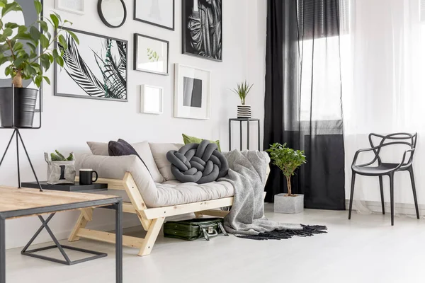黒椅子毛布が付いているソファーの横に対照的に植物とポスターのリビング ルームのインテリア — ストック写真