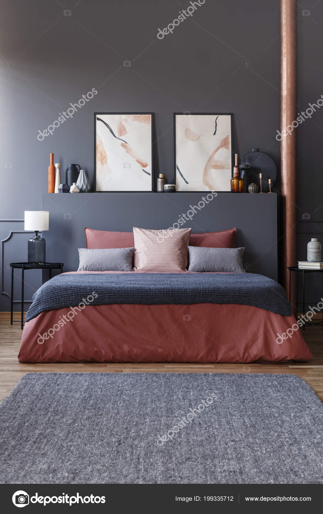 Front View Cozy Bed Ginger Bedding Gray Blanket Pillows Dark Stock Photo Image By C Photographee Eu 199335712