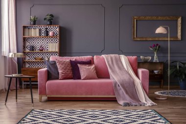 Battaniye ve yastıklar bir toz pembe kanepe, dolap ve arka plan ve desenli kilim klasik salon iç altın çerçeve