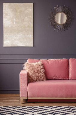 Resim bir pembe kanepede yastık kürk ve duvar ve salon iç desenli halı ayna