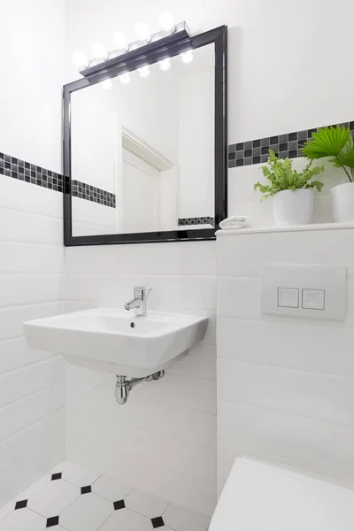 Mirror Washbasin White Black Bathroom Interior Plant Real Photo — Stock Photo, Image