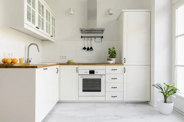 银色炊具罩在极小的白色厨房内部与植物在木台面上 真实照片 — 图库照片