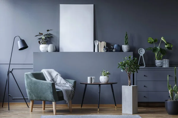 Fauteuil Vert Côté Table Noire Des Plantes Dans Salon Intérieur — Photo