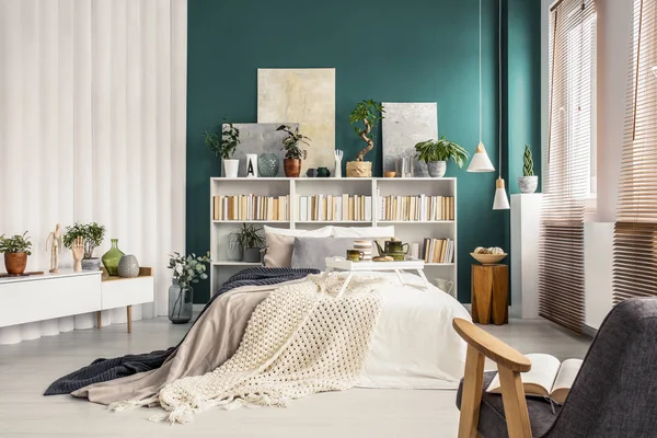 现代卧室内有一张双人床 白色书架 植物和绿墙 — 图库照片