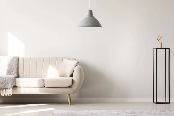 Real Photo White Sofa Cushion Blanket Standing Next Black Decoration — Stock Photo, Image