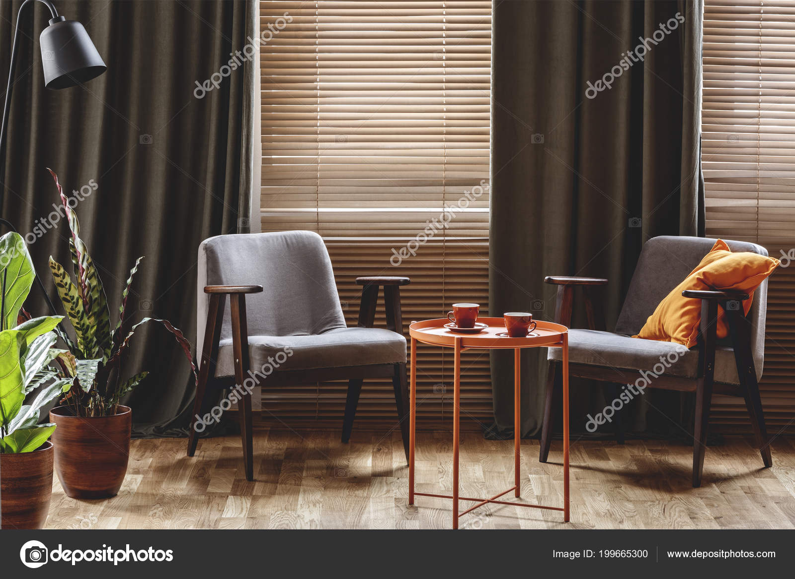 Timely space entity Vintage Armchairs Orange Coffee Table Two Cups Plants Standing Window Stock  Photo by ©photographee.eu 199665300