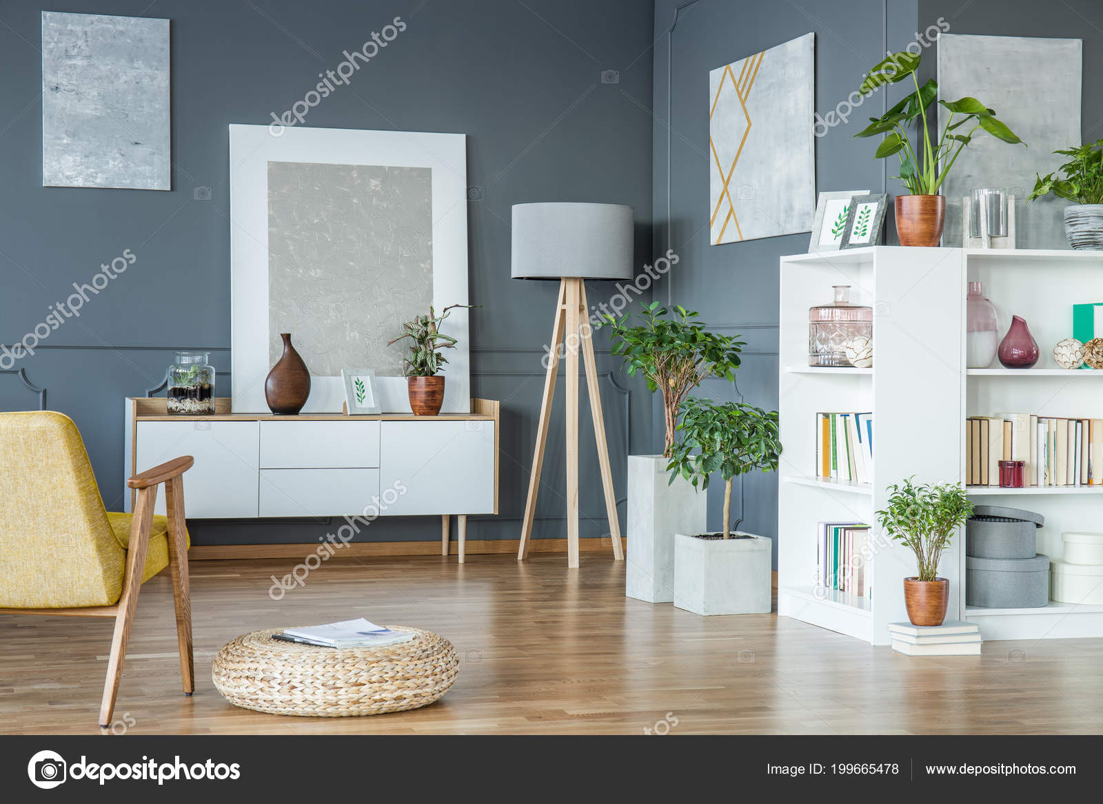 Wooden Lamp Placed Corner Living Room Interior Fresh Potted Plants Wooden Lamp Placed Corner Living Room Interior Fresh Potted Plants Stock Photo