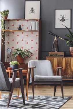 Rahat oturma odası iç ahşap antika mobilyalar ve poster yukarıda teleskop ile gri tekli