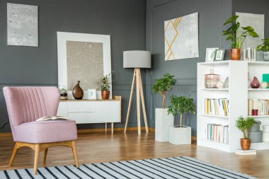 Pembe koltuk, dolap, ahşap lamba, bitkiler ve salon iç içinde bookshelf