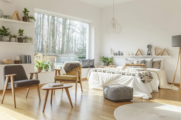 Grey Yellow Wooden Armchair Open Space Interior Bed View Forest — Stock Photo, Image