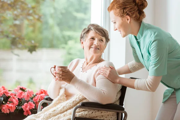 一个穿着制服的专业看守者 帮助一位老年女性病人坐轮椅 资深的拿着杯子坐在一个大窗口在康复中心 — 图库照片