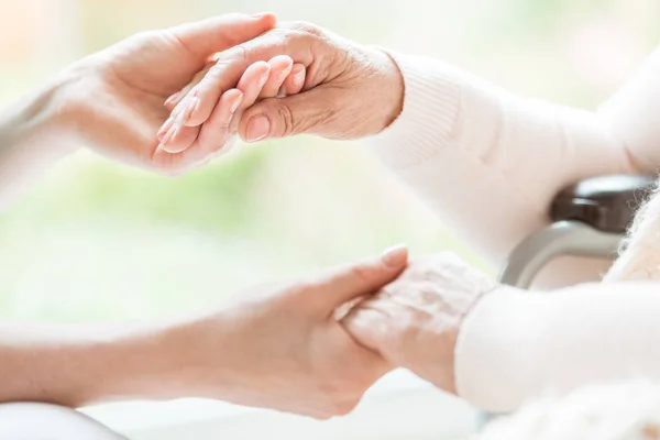 Close Young Woman Senior Lady Holding Hands Tenderness Care Showing — Stock Photo, Image