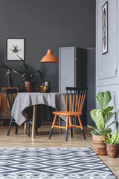 Sala Pranzo Interno Con Tavolo Sedie Nere Arancioni Piante Moquette — Foto Stock