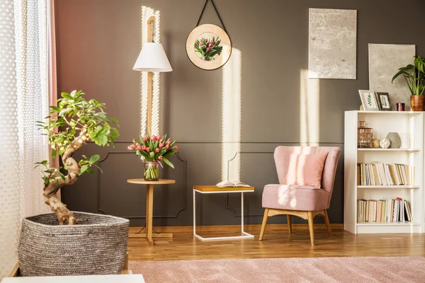 Cozy Reading Room Interior Pink Chair Pillow Standing Rack Books — Stock Photo, Image