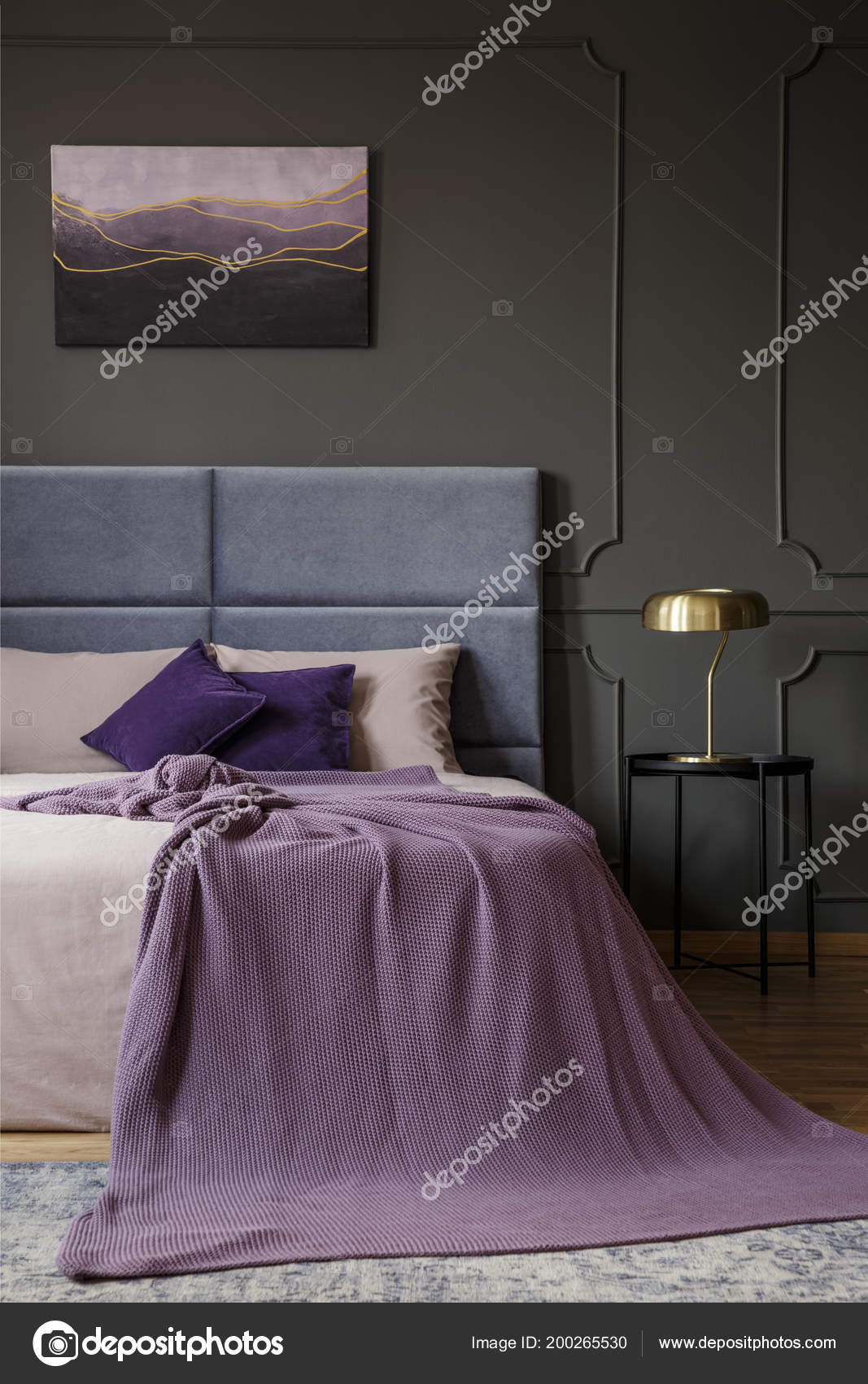 Gold Lamp Black Table Next Bed Pink Blanket Pastel Bedroom