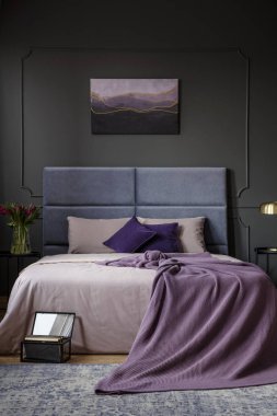 Mor bir battaniye karanlık yatak odası iç yatakta var gri duvar boyama