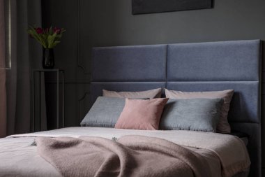 Pembe ve gri yastık battaniye ve yatak başı yatak odası iç yatak üzerinde Close-up