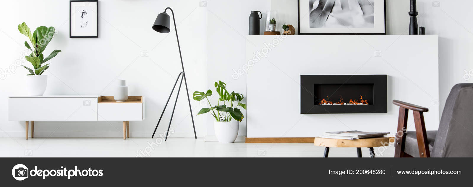 Wall Poster Decorations Fireplace Bright Living Room Interior