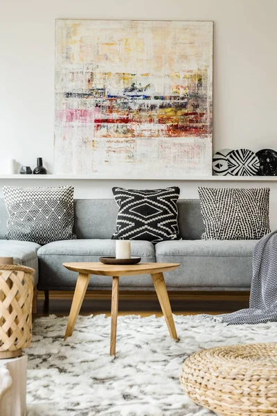 Painting Grey Couch Boho Living Room Interior Wooden Table Pouf — Stock Photo, Image