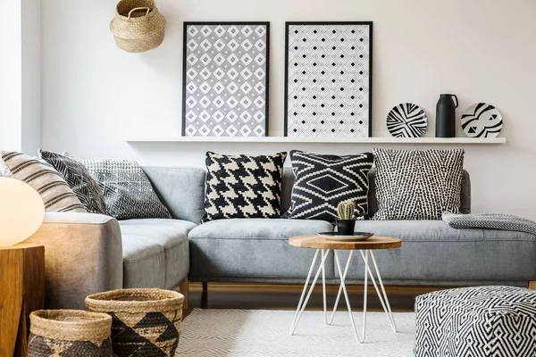 Patterned Pillows Grey Corner Sofa Apartment Interior Posters Pouf Real — Stock Photo, Image